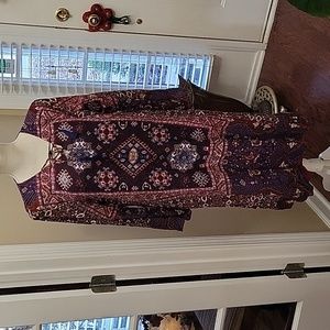 Coldwater Creek wine blue multicolor Bohemian dress Fully lined Long Slv…L New